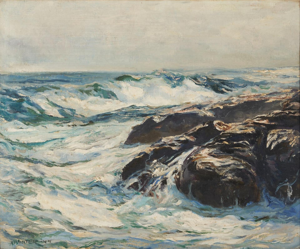 ANDREW GEORGE WINTER (American, 1892-1958) Crashing Waves, Probably Monhegan, Maine: ANDREW GEORGE WINTER (American, 1892-1958) Crashing Waves, Probably Monhegan, Maine signed and dated 'A Winter-44' (lower left); with a label from Newcomb-Macklin Co. Picture Frame Makers, New York (o