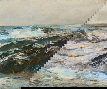 ANDREW GEORGE WINTER (American, 1892-1958) Crashing Waves, Probably Monhegan, Maine: ANDREW GEORGE WINTER (American, 1892-1958) Crashing Waves, Probably Monhegan, Maine signed and dated 'A Winter-44' (lower left); with a label from Newcomb-Macklin Co. Picture Frame Makers, New York (o