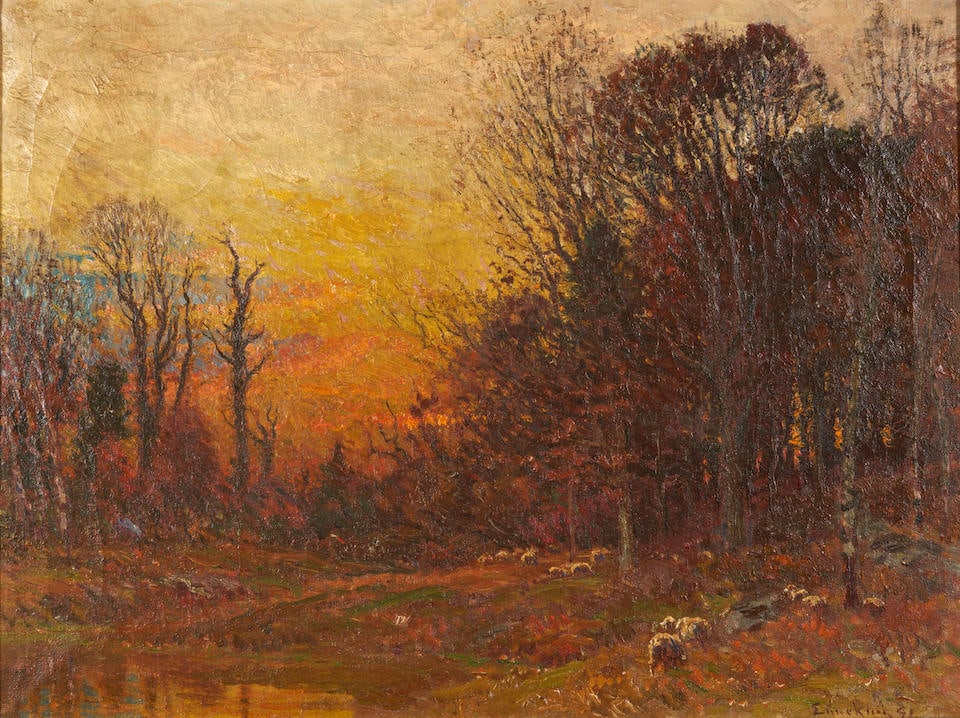 JOHN JOSEPH ENNEKING (American, 1841-1916) Twilight in Autumn with Sheep and a Forest Stream: JOHN JOSEPH ENNEKING (American, 1841-1916) Twilight in Autumn with Sheep and a Forest Stream signed and dated 'Enneking 91' (lower right); with a fragmentary gallery label (affixed to stretcher) oil o