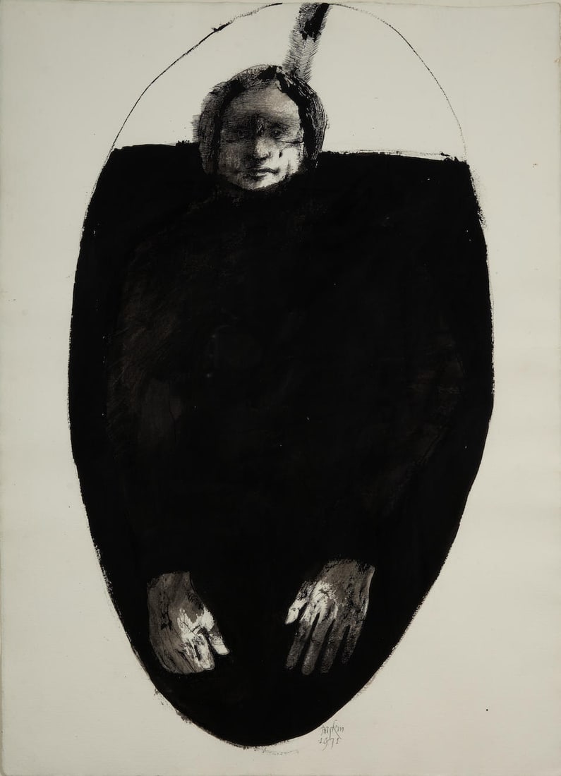 LEONARD BASKIN (American, 1922-2000) Big Little Man, 1971: LEONARD BASKIN (American, 1922-2000) Big Little Man, 1971 signed and dated 'Baskin 1971' (lower right); titled by hand (in pencil on the reverse) ink on Arches paper sheet 31 x 22 1/2 in. (78.7 x 57.2