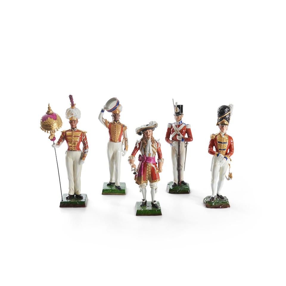 FIVE PORCELAIN SOLDIERS England, 20th century: FIVE PORCELAIN SOLDIERS England, 20th century including one French Musketeer (broken rapier) and two British Indian soldiers, ht. to 12 1/2 in. Footnotes: OVERALL CONDITION: Fair. Damage and loss thro