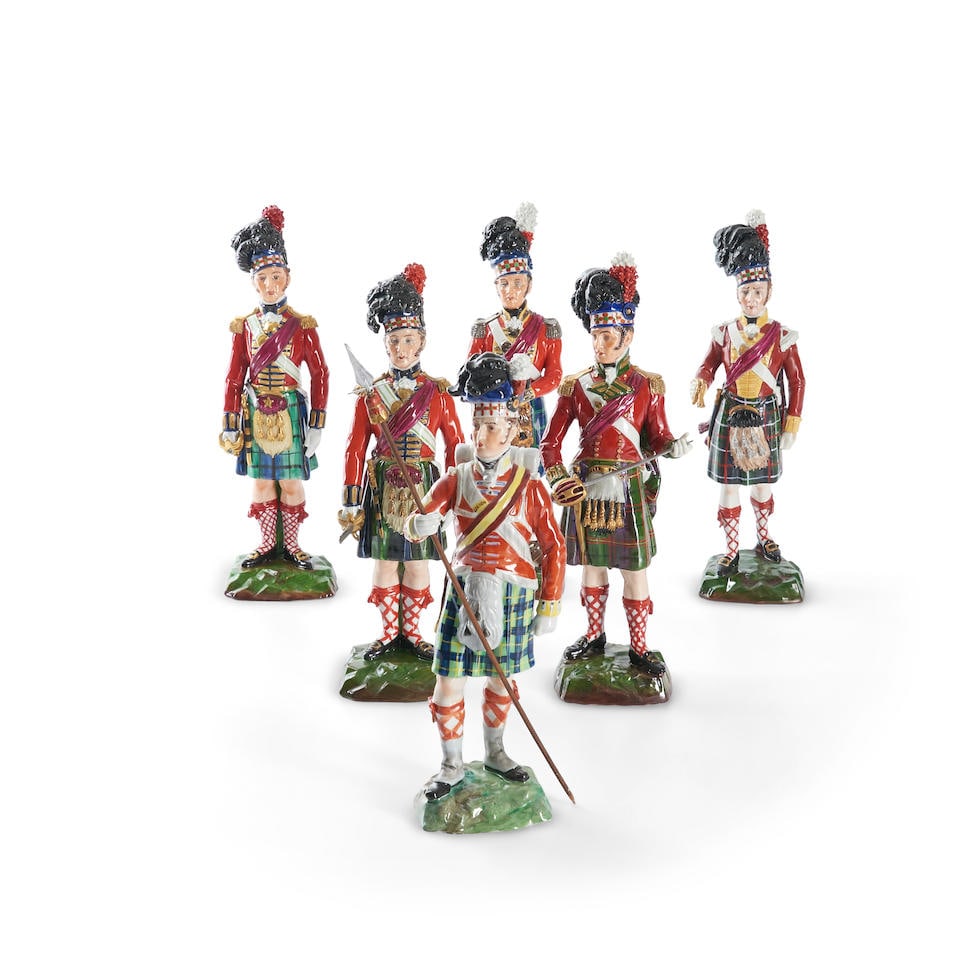 SIX ROYAL HIGHLANDER FIGURINES England, 20th century: SIX ROYAL HIGHLANDER FIGURINES England, 20th century ht. 11 in, one with broken sword. Footnotes: OVERALL CONDITION: swords/sabers loose and loss. Damage throughout. This condition report is provided