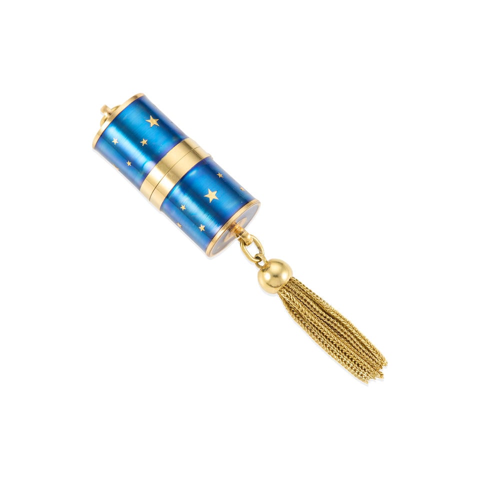 BUCHERER: GILT AND ENAMEL HIDDEN TELESCOPIC DIAL ERMETO WATCH PENDANT: BUCHERER: GILT AND ENAMEL HIDDEN TELESCOPIC DIAL ERMETO WATCH PENDANT • Gold tone • Manual movement • Blue enamel • Signed Bucherer, Swiss • Measures 3 x ⅝ in. R