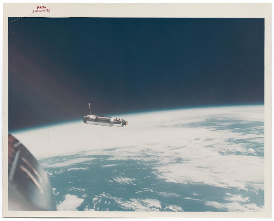 [Gemini VIII] THE FIRST SATELLITE PHOTOGRAPHED FROM SPACE BY HUMANS: Agena Target Vehicle Over E...: [Gemini VIII] THE FIRST SATELLITE PHOTOGRAPHED FROM SPACE BY HUMANS: Agena Target Vehicle Over Earth Before History's First Docking David Scott, 16-17 March 1966 Printed 1966. Vintage chromogenic prin