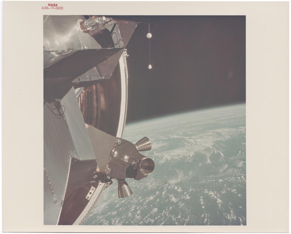[Apollo 9] THE FIRST DOCKING OF THE CSM AND LM-SIVB ABOVE EARTH Russell Schweickart, David Scott...: [Apollo 9] THE FIRST DOCKING OF THE CSM AND LM-SIVB ABOVE EARTH Russell Schweickart, David Scott or James McDivitt, 3-13 March 1969 Printed 1969. Vintage chromogenic print on fibre-based Kodak paper [