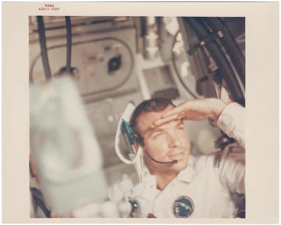 [Apollo 9] SPACE PORTRAIT: David Scott gazing into space aboard CSM Gumdrop, shielding his eyes ...: [Apollo 9] SPACE PORTRAIT: David Scott gazing into space aboard CSM Gumdrop, shielding his eyes from the Sun Russell Schweickart, March 3-13, 1969 Printed 1969. Vintage chromogenic print on fibre-base