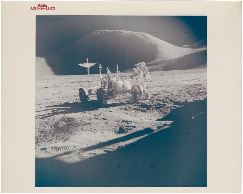 [Apollo 15] PORTRAIT OF JAMES IRWIN AND THE LUNAR ROVER IN FRONT OF MOUNT HADLEY David Scott, 26...: [Apollo 15] PORTRAIT OF JAMES IRWIN AND THE LUNAR ROVER IN FRONT OF MOUNT HADLEY David Scott, 26 July - 7 August 1971, EVA 1 Printed 1971. Vintage chromogenic print on fibre-based Kodak paper [NASA im