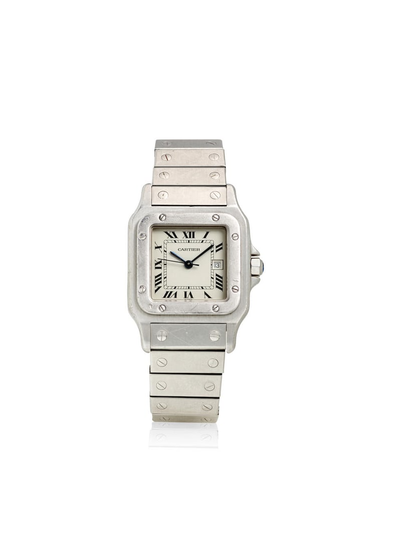 CARTIER. A STAINLESS STEEL AUTOMATIC CALENDAR BRACELET WATCH Santos, c. 1990s (1 of 2)