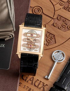 GIRARD-PERREGAUX. A FINE 18K ROSE GOLD AUTOMATIC SKELETONIZED TOURBILLON WRISTWATCH Vintage 1945...: GIRARD-PERREGAUX. A FINE 18K ROSE GOLD AUTOMATIC SKELETONIZED TOURBILLON WRISTWATCH Model: Vintage 1945 XL Tourbillon with Three Gold Bridges Reference: 99880 Date: c. 2010s Movement: Cal. 9600C, 31-j
