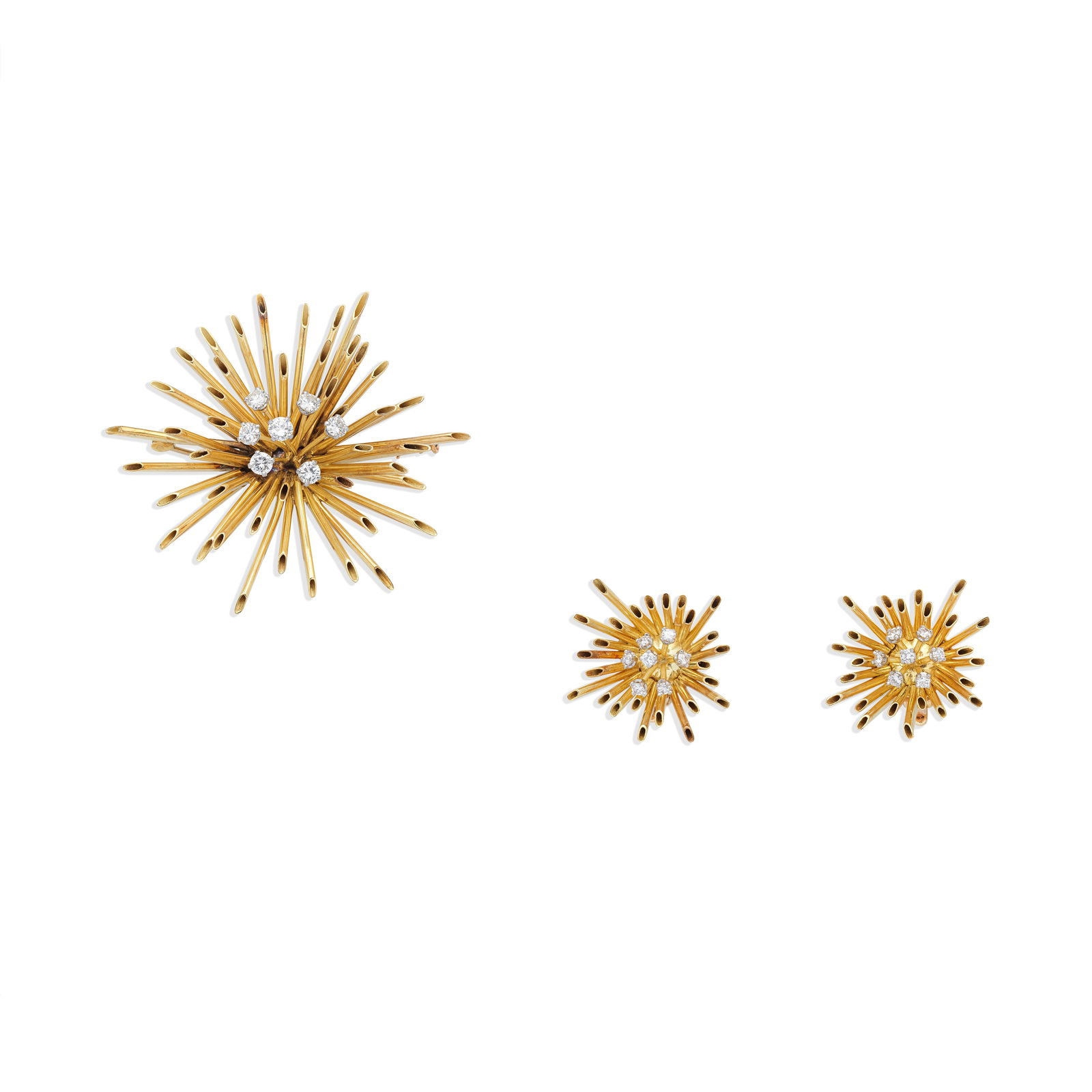 GRIMA: DIAMOND-SET BROOCH AND EARCLIP SUITE, (2): GRIMA: DIAMOND-SET BROOCH AND EARCLIP SUITE, 1963 Of tubular, abstract spray design, accented with brilliant-cut diamonds, diamonds approx. 1.65cts total, maker's mark H.J.Co, London hallmark, length