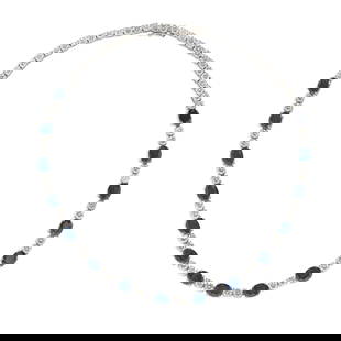 SAPPHIRE AND DIAMOND NECKLACE: SAPPHIRE AND DIAMOND NECKLACE Oval-cut sapphires between duos of brilliant-cut diamonds, to a similarly set backchain, diamonds approx. 11.80cts total, length 38.7cm, cased by Michael Levin Jewellers,