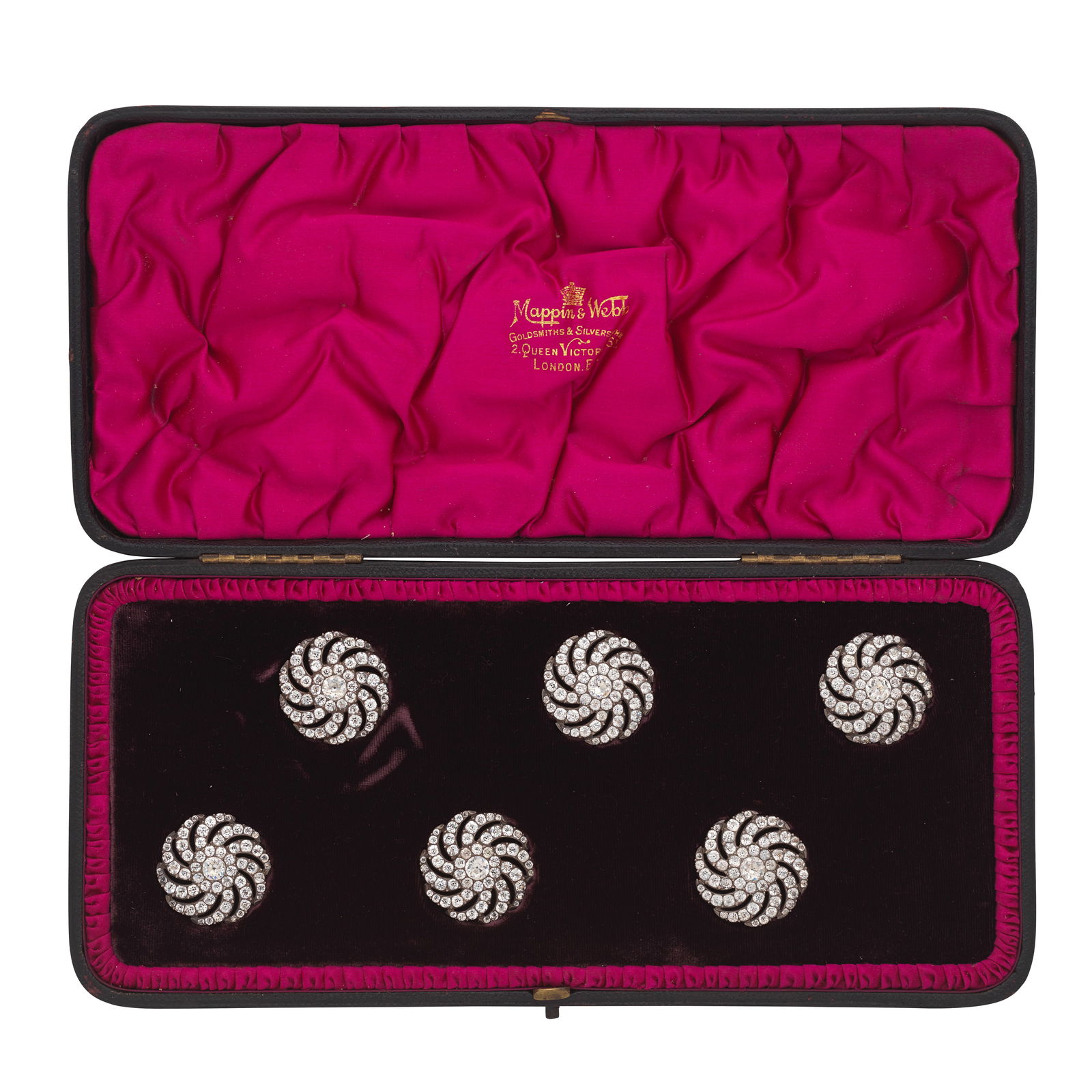 SIX PASTE BUTTONS,: SIX PASTE BUTTONS, 19TH CENTURY Each set with cushion-shaped paste in closed-back settings, length 3.0cm, fitted case by Mappin & Webb, Goldsmiths & Silversmiths, 2 Queen Victoria St., London, E. C.