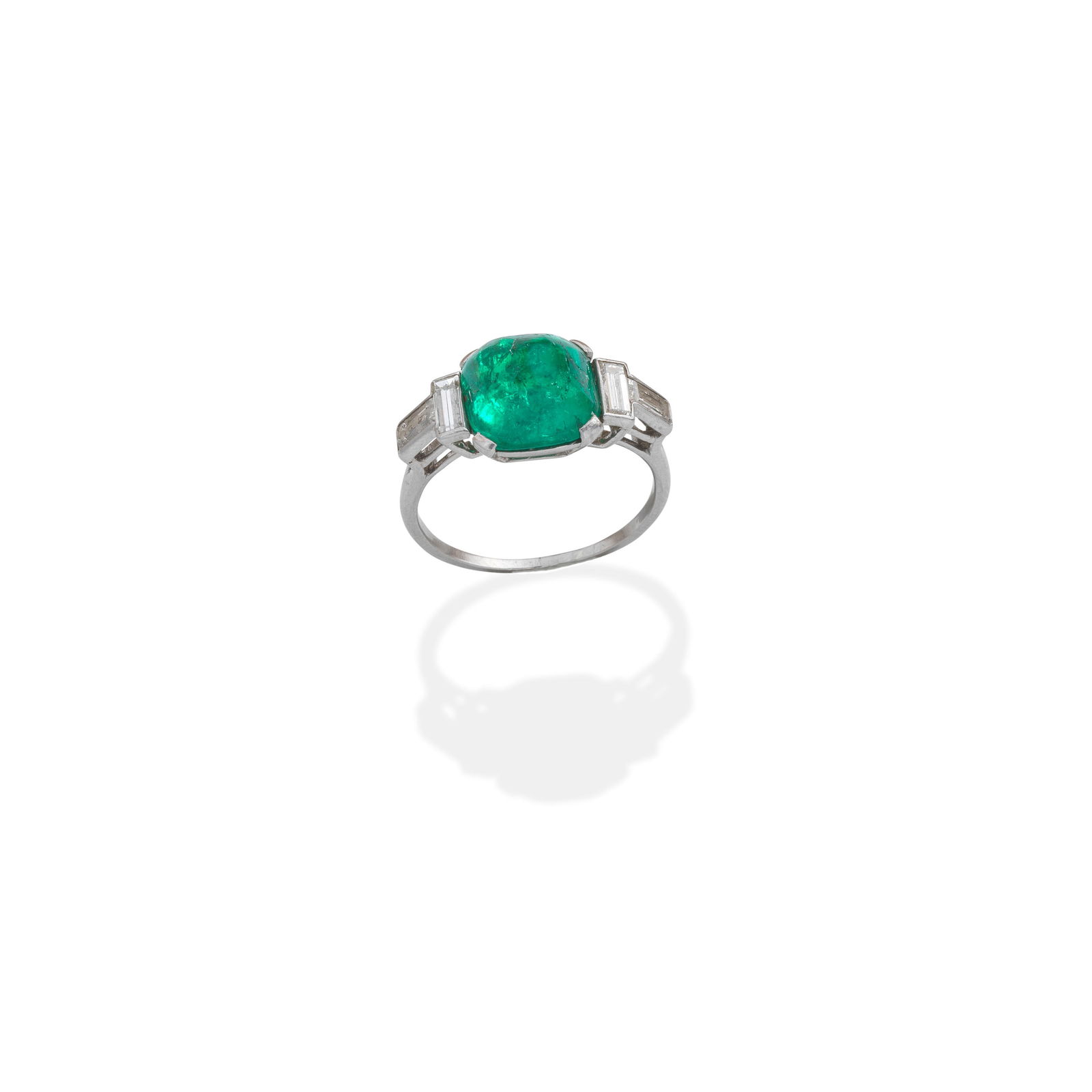 ART DECO EMERALD AND DIAMOND RING,: ART DECO EMERALD AND DIAMOND RING, CIRCA 1925 The sugarloaf emerald set between baguette-cut diamonds, ring size approx. N, cased by Mellerio dits Meller Paris