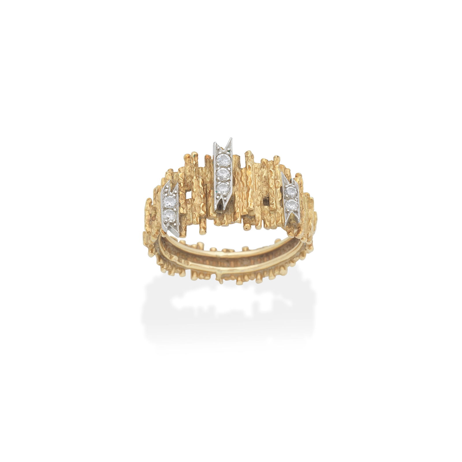 GRIMA: DIAMOND-SET RING,: GRIMA: DIAMOND-SET RING, 1967 Of abstract design, the 18 carat gold textured wirework accented by brilliant-cut diamonds, signed Grima, maker's mark HJCo., London hallmark, ring size approx. L½