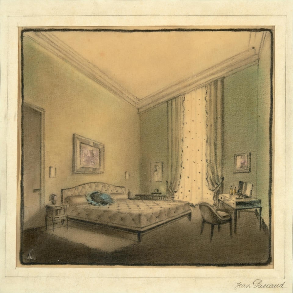 JEAN PASCAUD (1903-1996) DESIGN FOR A BEDROOM France, c. 1925, mix media on paper, signed in pen...: JEAN PASCAUD (1903-1996) DESIGN FOR A BEDROOM France, c. 1925, mix media on paper, signed in pencil on mat l.r., sight 8 1/4 x 9, frame 26 1/2 x 26 1/2 in. For further information on this lot please v