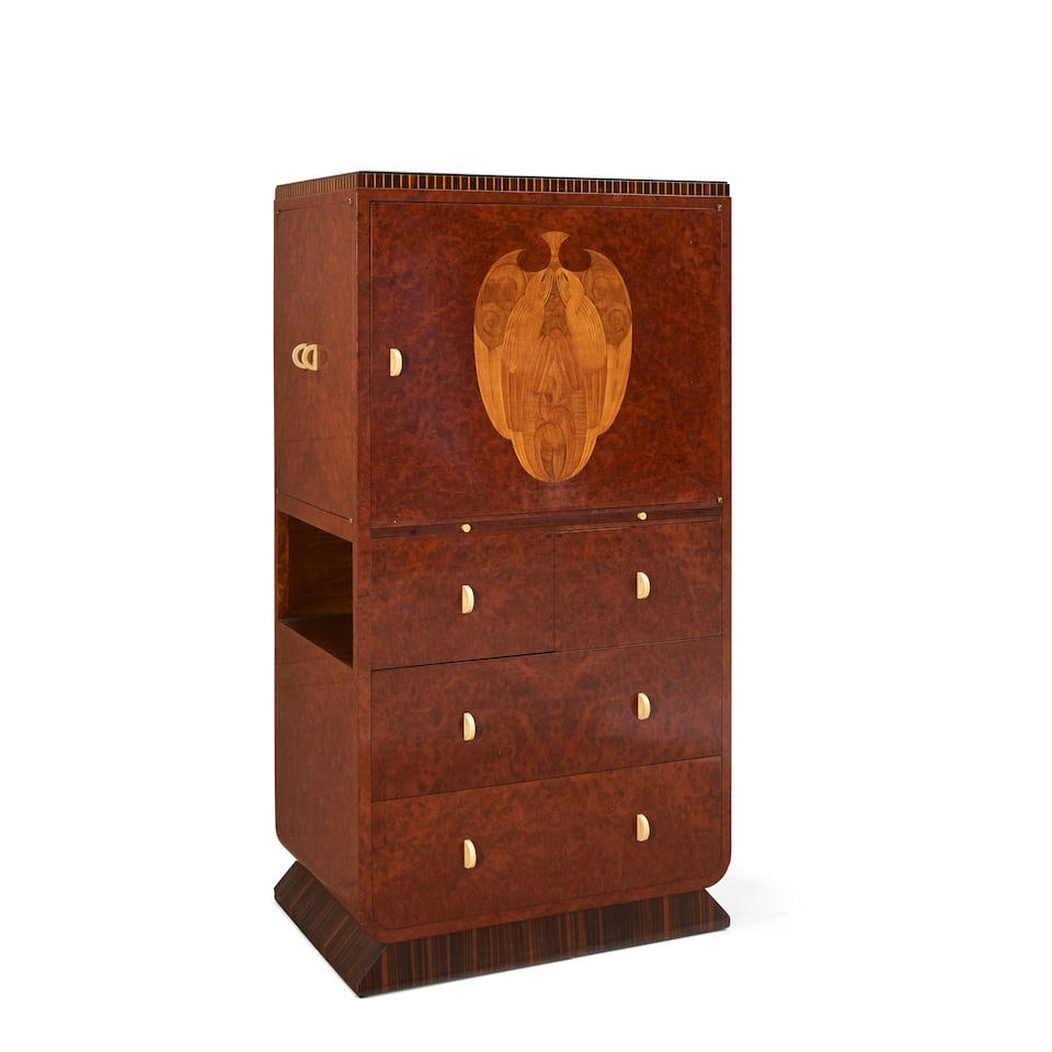 ART DECO MARQUETRY CABINET France, c. 1925, burl veneer, various inlaid woods, celluloid, oak se... (1 of 4)