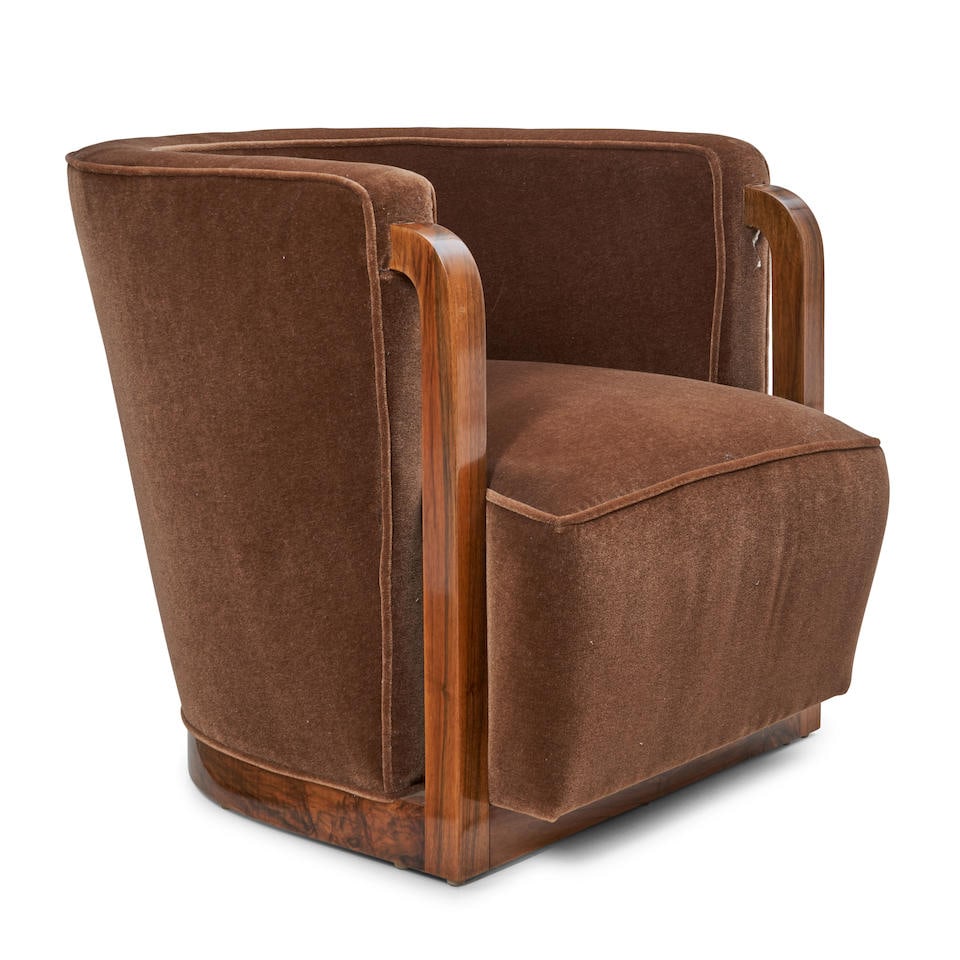 ART DECO LOUNGE CHAIR IN THE MANNER OF ERIC BAGGE, France, c. 1930, walnut, mohair upholstery, u... (1 of 2)