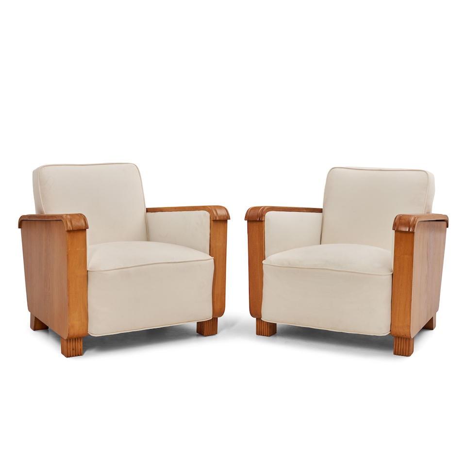 PAIR OF ART DECO-STYLE LOUNGE CHAIRS c. 2000, beech, beech veneer, upholstery, unmarked, ht. 30,... (1 of 2)