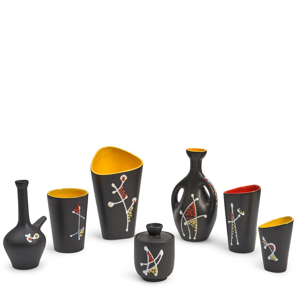 SEVEN ANDRE BAUD (1903-1986) VESSELS Vallauris, France, c. 1950, glazed ceramic, five vases, a b...: SEVEN ANDRE BAUD (1903-1986) VESSELS Vallauris, France, c. 1950, glazed ceramic, five vases, a bottle, and a covered bowl, all with impressed stamp mark 'Vallauris,' vase with two handles also marked