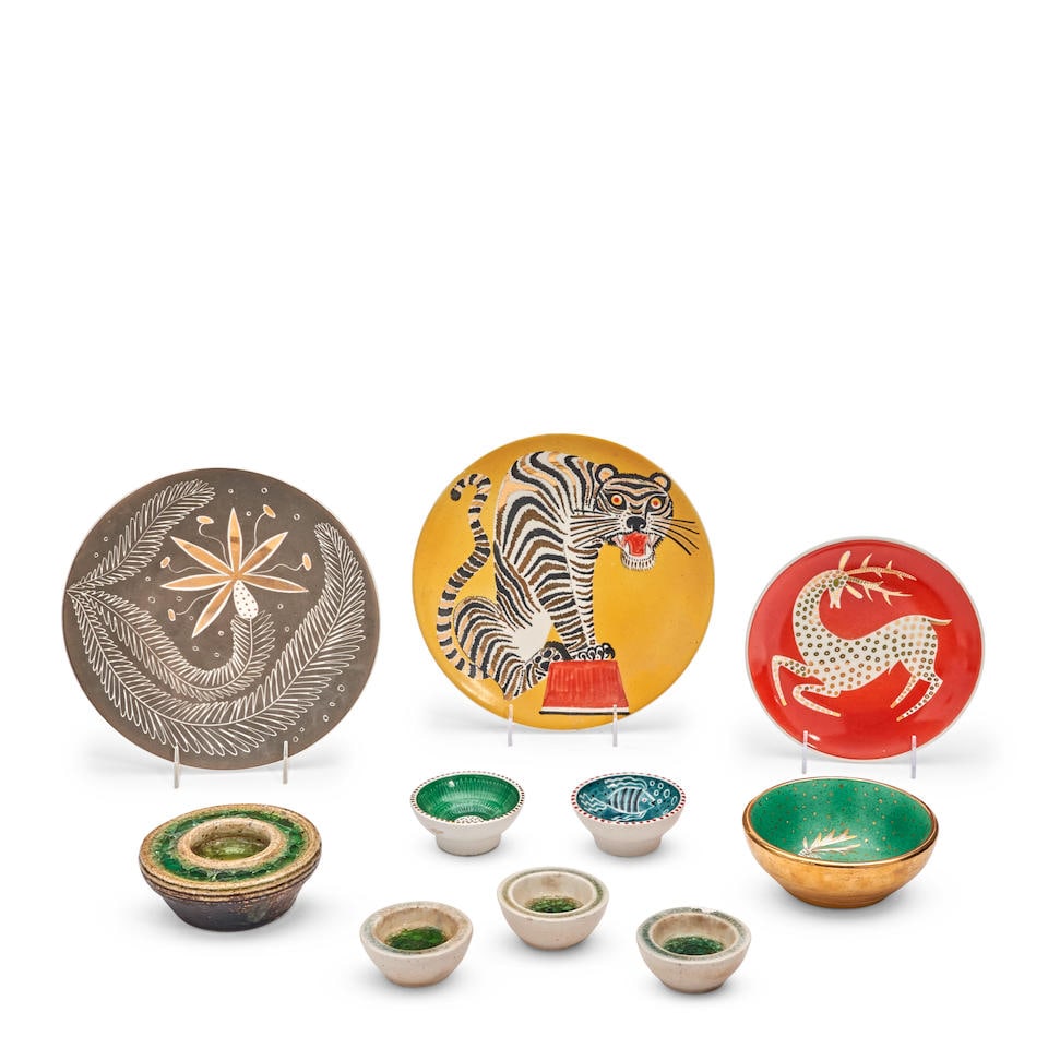 TEN WAYLANDE GREGORY (1905-1971) CERAMIC TABLEWARES c. 1950, bowl with stag, gilt mark 'Waylande... (1 of 2)