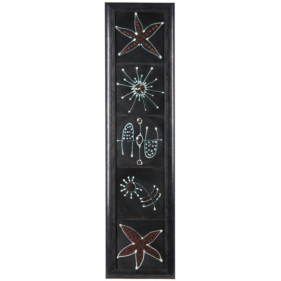 FIVE ANDRE BAUD (1903-1986) TILES Vallauris, France, c. 1955, glazed ceramic, framed, each tile ...: FIVE ANDRE BAUD (1903-1986) TILES Vallauris, France, c. 1955, glazed ceramic, framed, each tile approx. 8 x 8, frame 10 3/4 x 42 3/4 in. Footnotes: Private Collection, St. Louis, Missouri. For further