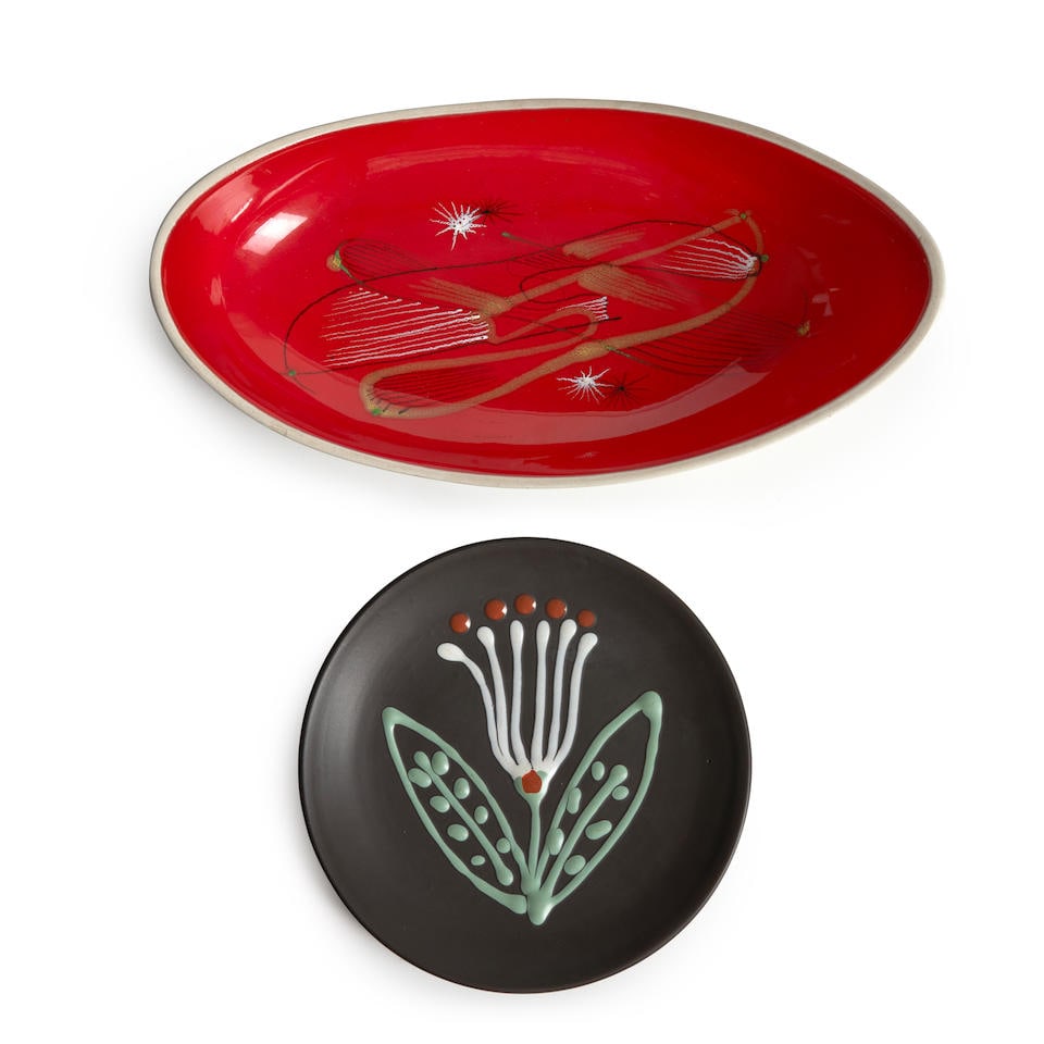 ANDRE BAUD (1903-1986) PLATE AND OBLONG DISH Vallauris, France, c. 1955, glazed ceramics, the pl...: ANDRE BAUD (1903-1986) PLATE AND OBLONG DISH Vallauris, France, c. 1955, glazed ceramics, the plate impressed 'Vallauris' on the foot rim, dia. 9 1/8, the dish inscribed 'A. Baud' and incised 'Vallaur
