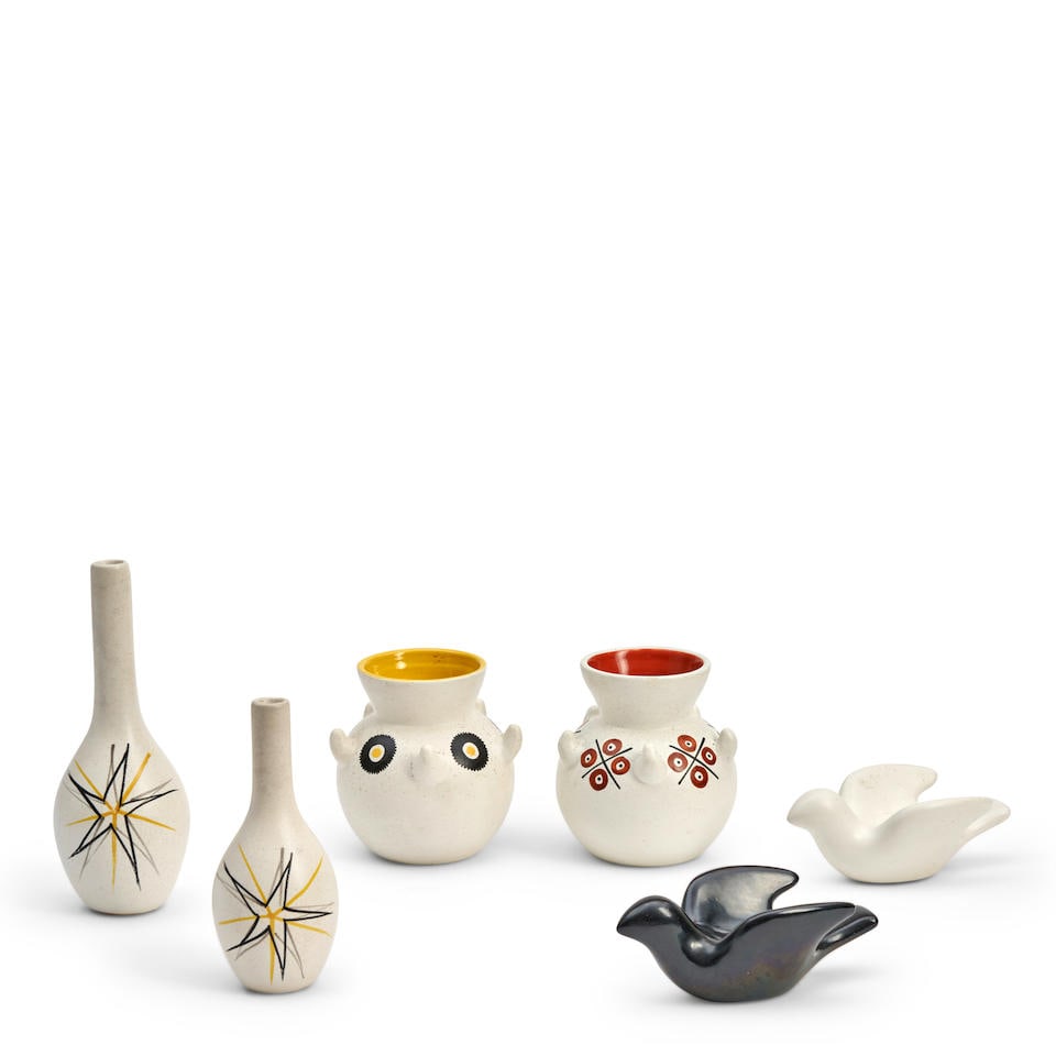 SIX ANDRE BAUD (1903-1986) OBJECTS Vallauris, France, c. 1950, glazed ceramics, two bottle-form ...: SIX ANDRE BAUD (1903-1986) OBJECTS Vallauris, France, c. 1950, glazed ceramics, two bottle-form vases, two urns and two birds, five pieces impressed 'Vallauris,' the white bird incised 'A. Baud Vallau