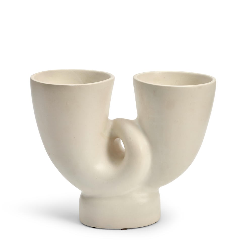 ANDRE BAUD (1903-1986) BIFURCATED VASE Vallauris, France, c. 1950, glazed ceramic, foot rim inci...: ANDRE BAUD (1903-1986) BIFURCATED VASE Vallauris, France, c. 1950, glazed ceramic, foot rim incised 'A. Baud Vallauris,' ht. 12 5/8 in. Footnotes: Private Collection, St. Louis, Missouri. For further