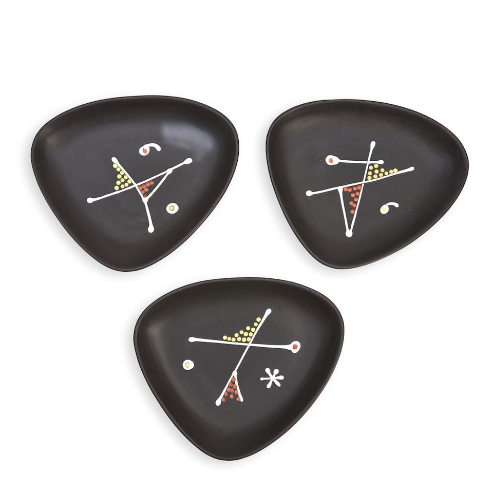 THREE ANDRE BAUD (1903-1986) DISHES Vallauris, France, c. 1950, glazed ceramic with enamel decor...: THREE ANDRE BAUD (1903-1986) DISHES Vallauris, France, c. 1950, glazed ceramic with enamel decoration, all marked 'A. Baud Vallauris,' approx. ht. 2 1/2, wd. 15, dp. 13 in. Footnotes: Private Collecti