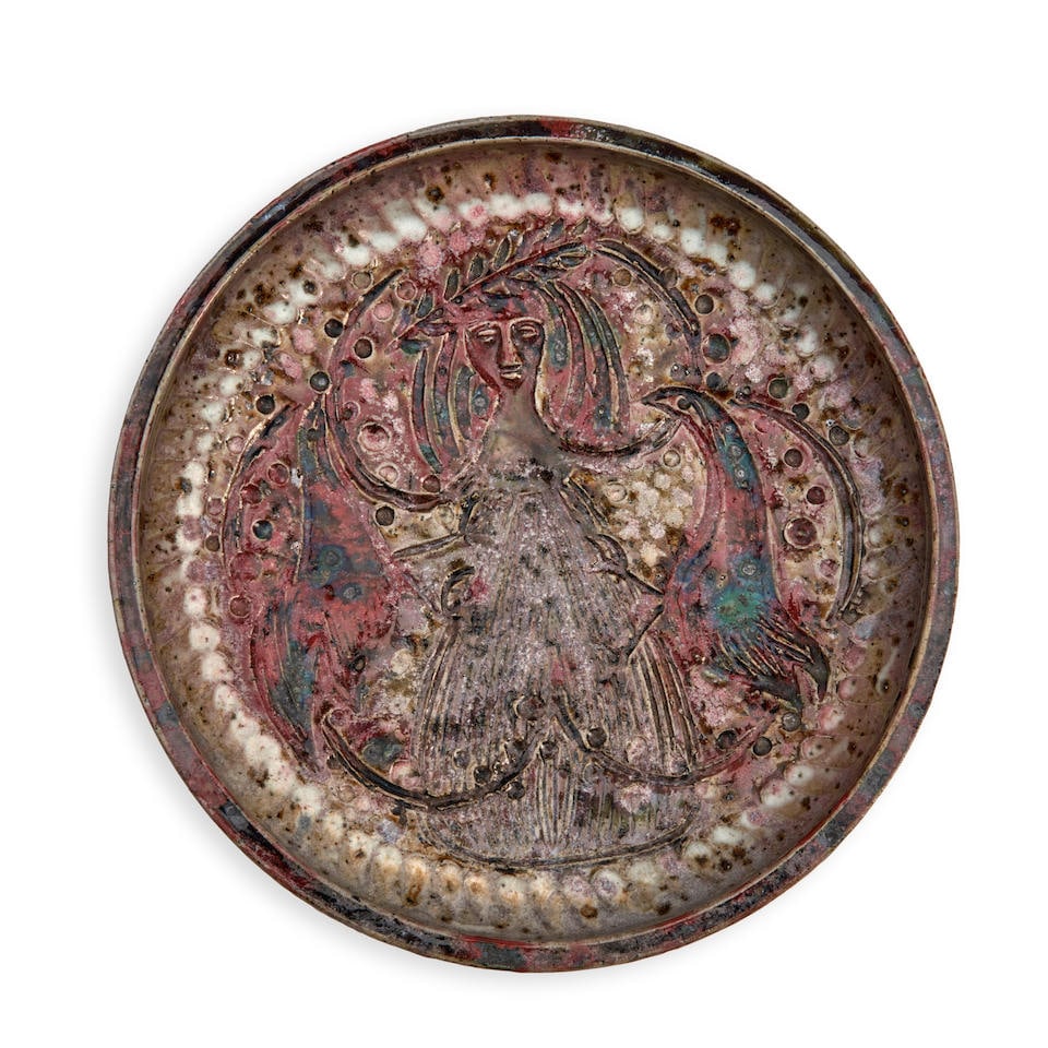 JEAN LERAT (1913-1992) SHALLOW BOWL DECORATED WITH A FIGURE AND BIRDS La Borne, France, c. 1945,...: JEAN LERAT (1913-1992) SHALLOW BOWL DECORATED WITH A FIGURE AND BIRDS La Borne, France, c. 1945, incised and glazed ceramic, incised 'J. Lerat La Borne' and indistinctly dated, ht. 3, dia. 12 1/2 in.