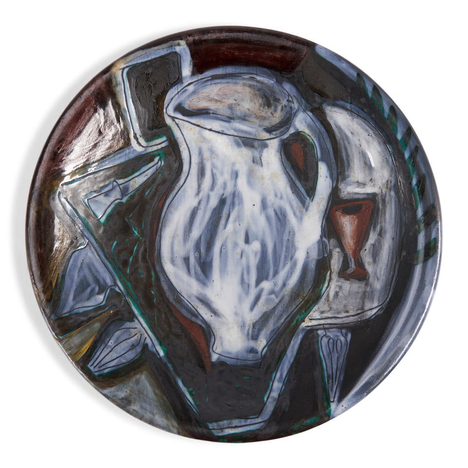 JACQUES INNOCENTI (1926-1958) CHARGER Vallauris, France, c. 1950, glazed ceramic, artist's signa...: JACQUES INNOCENTI (1926-1958) CHARGER Vallauris, France, c. 1950, glazed ceramic, artist's signature 'Innocenti Vallauris' and glaze filled impressed stamp mark, dia. 11 1/2 in. Footnotes: Private Col