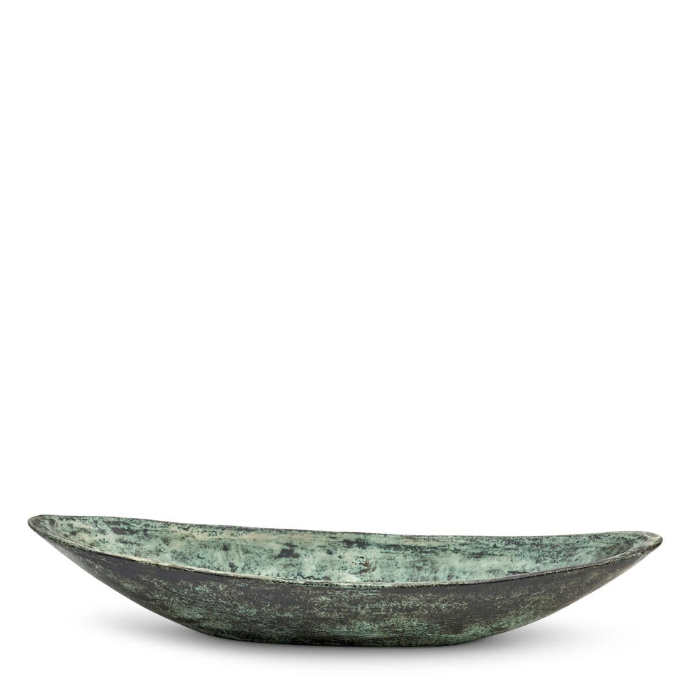 JACQUES BLIN (1920-1995) OBLONG BOWL France, c. 1960, glazed ceramic, incised mark 'J Blin,' ht....: JACQUES BLIN (1920-1995) OBLONG BOWL France, c. 1960, glazed ceramic, incised mark 'J Blin,' ht. 3 3/4, wd. 22 1/2, dp. 8 in. Footnotes: Private Collection, St. Louis, Missouri. For further informatio