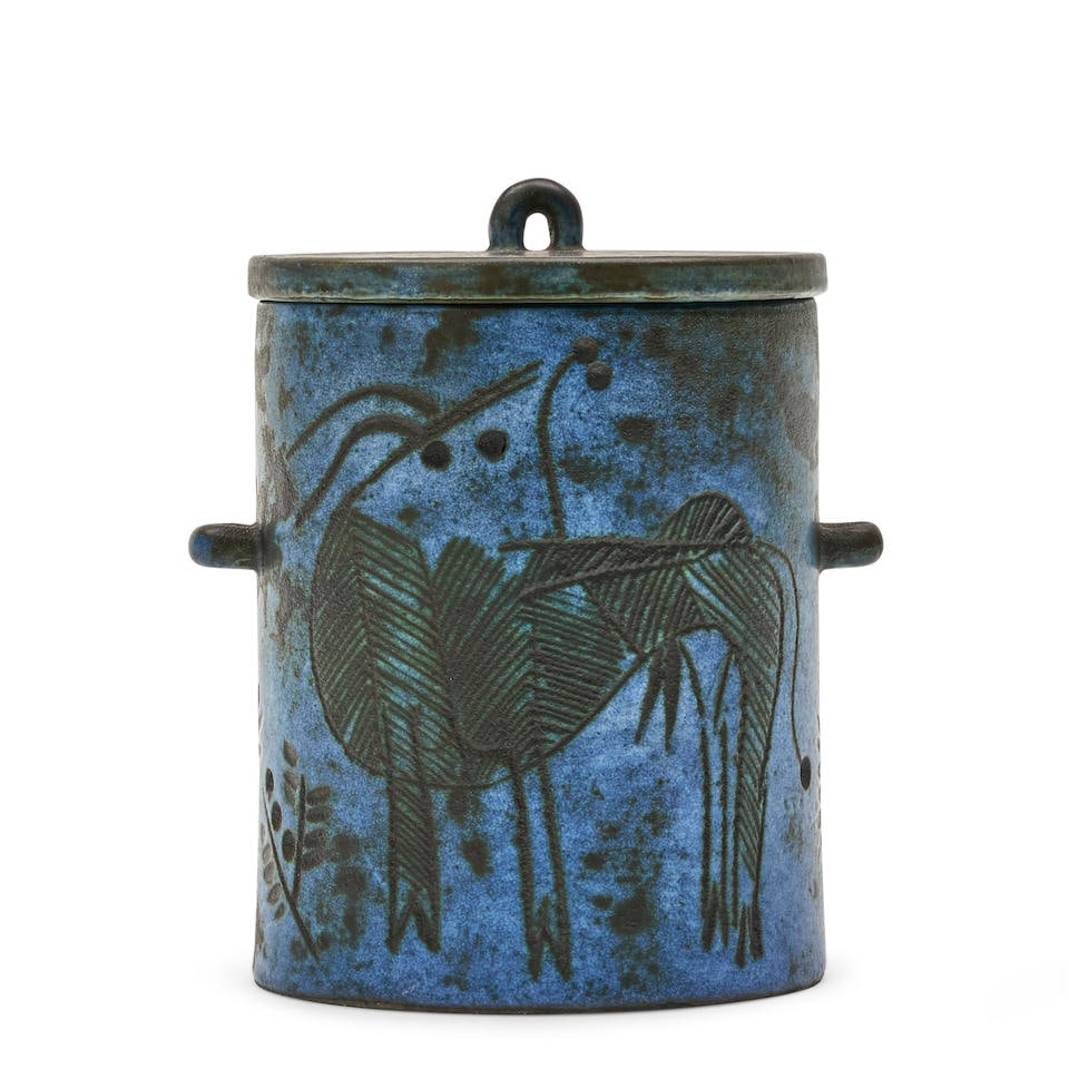 JACQUES BLIN (1920-1995) COVERED JAR France, c. 1960, glazed ceramic, incised mark 'J Blin,' ht....: JACQUES BLIN (1920-1995) COVERED JAR France, c. 1960, glazed ceramic, incised mark 'J Blin,' ht. 6 1/4 in. Footnotes: Private Collection, St. Louis, Missouri. For further information on this lot pleas
