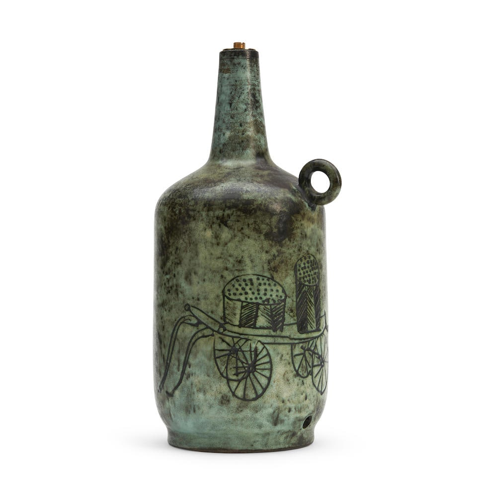 JACQUES BLIN (1920-1995) TABLE LAMP BASE France, c. 1960, glazed ceramic, brass, pre-firing hol...: JACQUES BLIN (1920-1995) TABLE LAMP BASE France, c. 1960, glazed ceramic, brass, pre-firing hole for electric cord, incised mark 'J Blin,' ht. 12 1/4 in. Footnotes: Private Collection, St. Louis, Miss