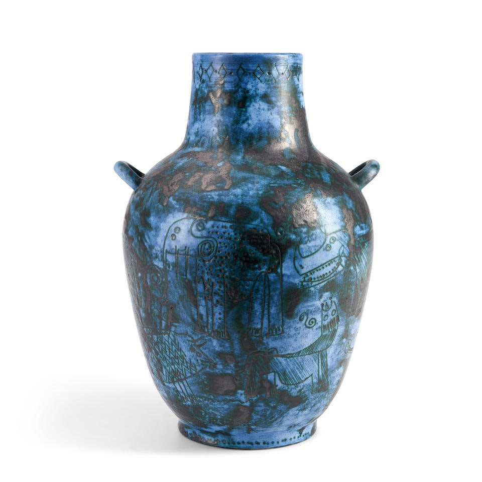 JACQUES BLIN (1920-1995) VASE France, c. 1955, glazed stoneware, sgraffito decorated with animal...: JACQUES BLIN (1920-1995) VASE France, c. 1955, glazed stoneware, sgraffito decorated with animals, incised artist's signature, ht. 13 in. Footnotes: Private Collection, St. Louis, Missouri. For furthe