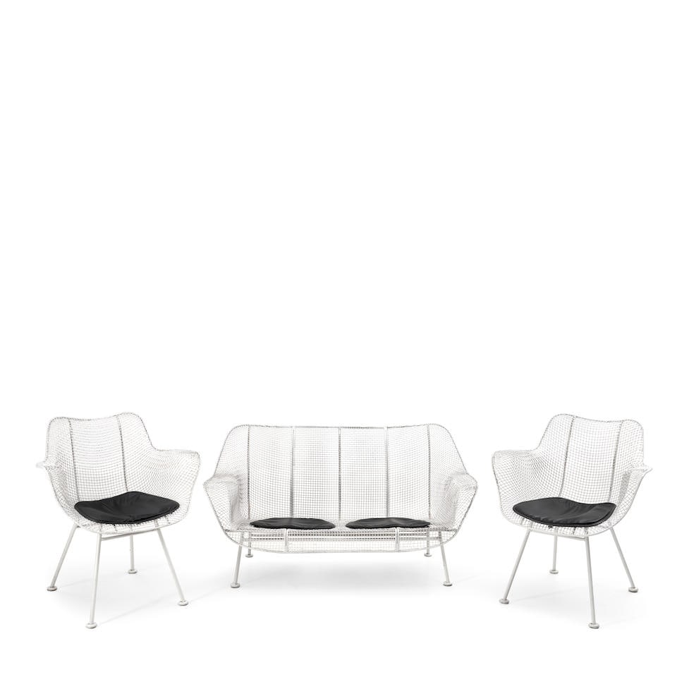 RUSSELL WOODARD 'SCULPTURA' SETTEE AND TWO ARMCHAIRS Owosso, Michigan, c. 1965, enameled steel, ... (1 of 1)