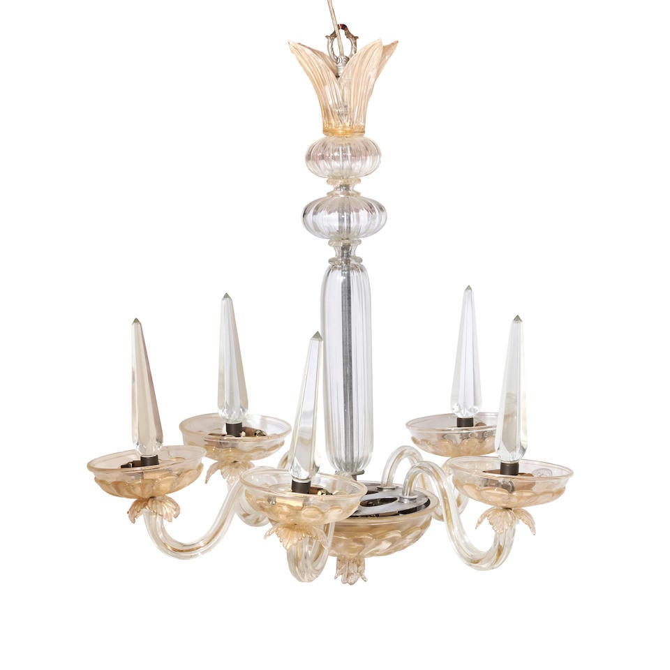 ANDRE ARBUS (1903-1969) MURANO GLASS CHANDELIER Italy, designed 1950-1952, blown and molded glas...: ANDRE ARBUS (1903-1969) MURANO GLASS CHANDELIER Italy, designed 1950-1952, blown and molded glass, gold foil, thirteen candelabra sockets, hardwired, brass canopy, unmarked, fixture ht. 33, dia. 29 in
