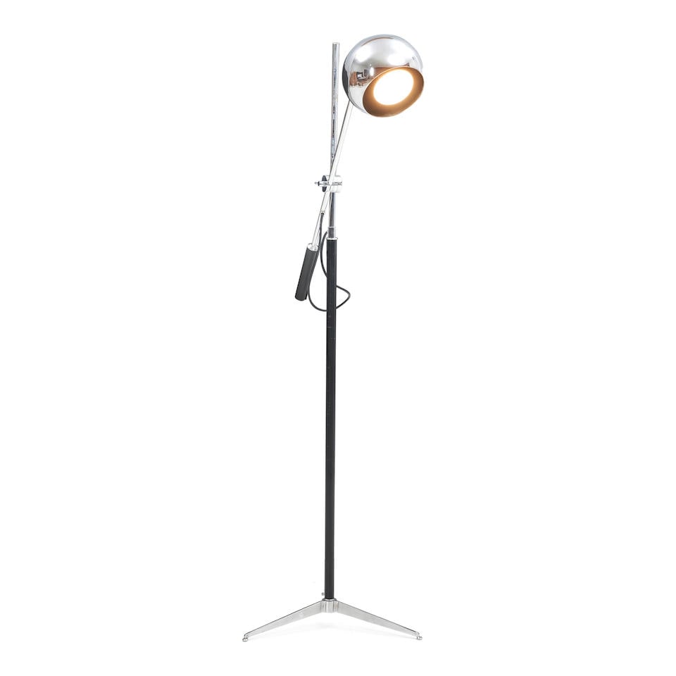 ROBERT SONNEMAN (B. 1943) 'ORBITER' FLOOR LAMP United States, Robert Sonneman Associates, design...: ROBERT SONNEMAN (B. 1943) 'ORBITER' FLOOR LAMP United States, Robert Sonneman Associates, designed 1965, chromed steel, enameled steel, leather, single socket, adjustable, center pole ht. 58 in. For f