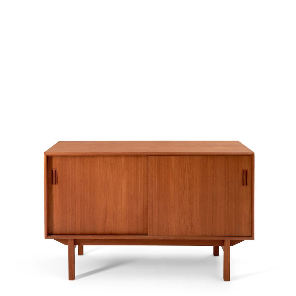 CANADIAN MID-CENTURY MODERN CREDENZA WITH SLIDING DOORS c. 1955, teak veneer, teak, plywood, mar... (1 of 3)