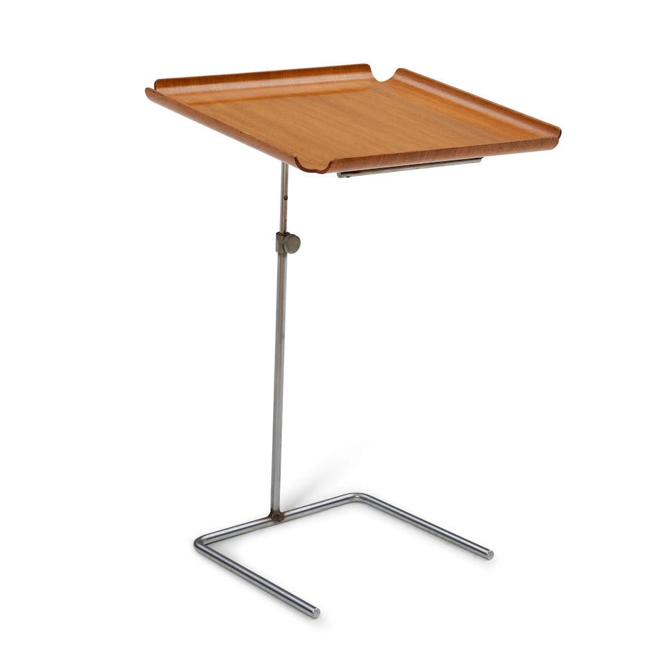 GEORGE NELSON (1908-1986) FOR HERMAN MILLER MODEL 4950 TRAY TABLE Zeeland, Michigan, designed 19...: GEORGE NELSON (1908-1986) FOR HERMAN MILLER MODEL 4950 TRAY TABLE Zeeland, Michigan, designed 1949, plywood, chromed steel, unmarked, adjustable height, as shown ht. 23 1/2, tray top 15 1/4 x 15 1/4 i