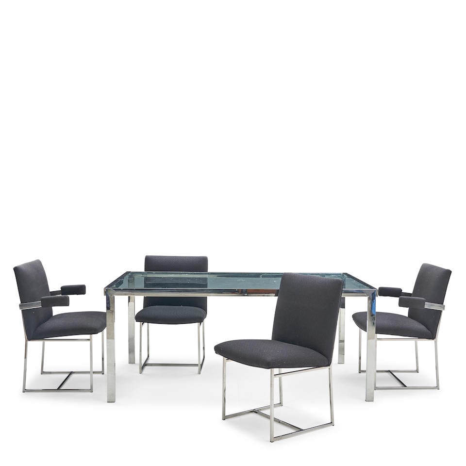 MILO BAUGHMAN (1923-2003) FOR THAYER COGGIN DINING TABLE AND FOUR CHAIRS United States, chairs d...: MILO BAUGHMAN (1923-2003) FOR THAYER COGGIN DINING TABLE AND FOUR CHAIRS United States, chairs designed 1975, chromed steel, upholstery, unmarked, two armchairs, ht. 33 1/4, seat ht. 19, wd. 23, dp. 2