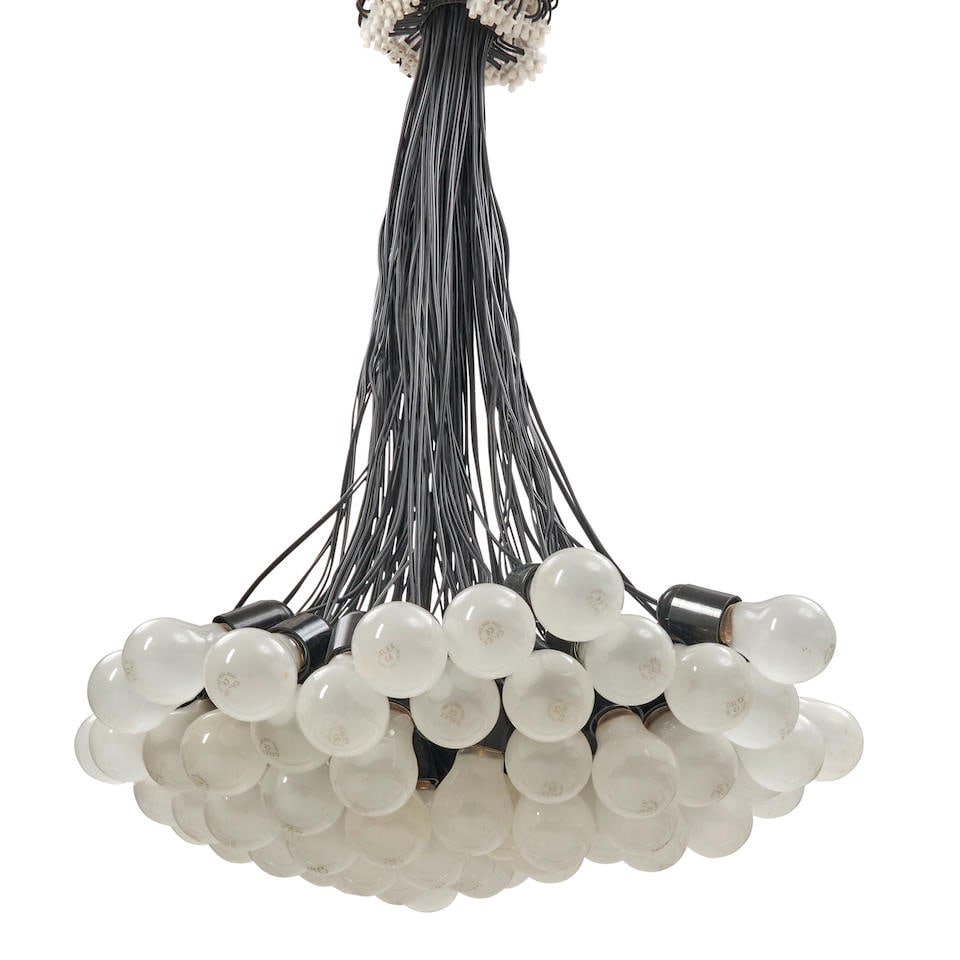 RODY GRAUMANS (B. 1968) '85 LAMP CHANDELIER' Netherlands, designed 1992, unmarked, incandescent ...: RODY GRAUMANS (B. 1968) '85 LAMP CHANDELIER' Netherlands, designed 1992, unmarked, incandescent light bulbs and sockets, electrical wire, plastic wire connectors, steel canopy, hard wired, approx. dro