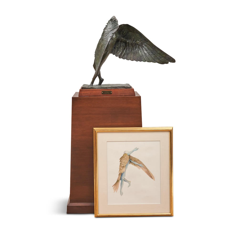 ELLIOT OFFNER (1931-2010) 'DAEDALUS I' SCULPTURE AND WATERCOLOR Northampton, Massachusetts, date...: ELLIOT OFFNER (1931-2010) 'DAEDALUS I' SCULPTURE AND WATERCOLOR Northampton, Massachusetts, dated 1998, patinated bronze, wood base and separate pedestal, signed 'Offner 1998,' engraved label, labels