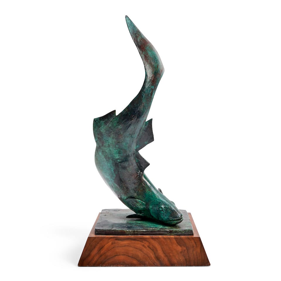 ELLIOT OFFNER (1931-2010) 'SPIRALING FISH' SCULPTURE Northampton, Massachusetts, 1996, patinated...: ELLIOT OFFNER (1931-2010) 'SPIRALING FISH' SCULPTURE Northampton, Massachusetts, 1996, patinated bronze, signed and dated lower center 'Offer '96,' labels for Forum Gallery, New York and Vose Gallerie