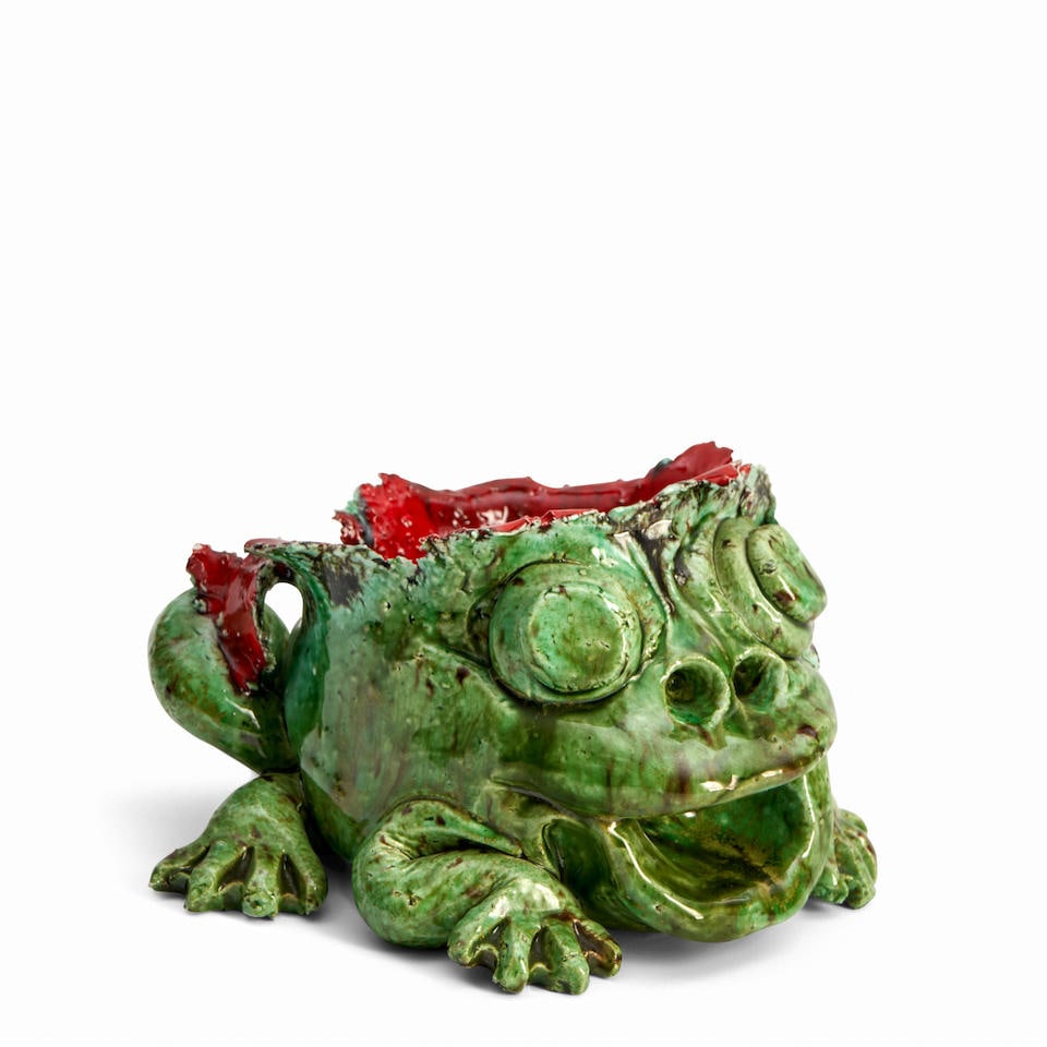 DAVID GILHOOLY (1943-2013) FROG WITH HEADACHE SCULPTURE California, dated 1993, glazed porcelain...: DAVID GILHOOLY (1943-2013) FROG WITH HEADACHE SCULPTURE California, dated 1993, glazed porcelain, incised artist's signature and date, ht. 3 1/2, lg. 6, wd. 6 in. For further information on this lot p