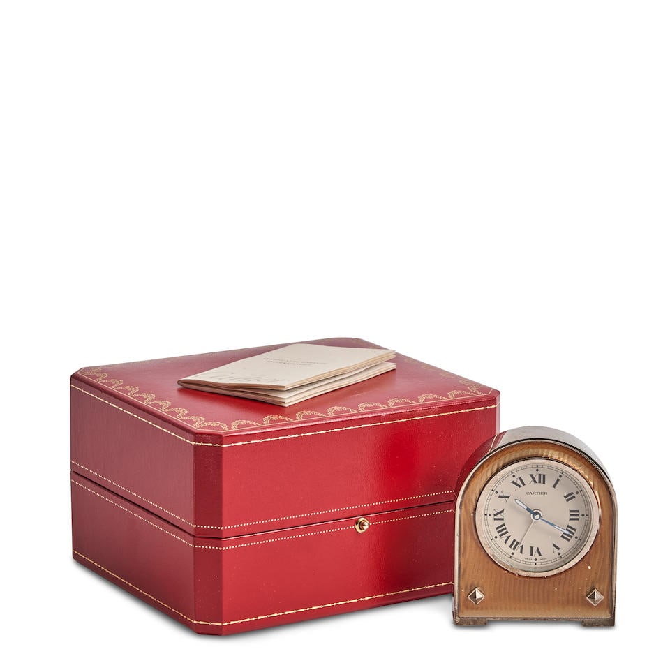 CARTIER DESK CLOCK WITH ALARM Switzerland, c. 2000, chromed brass, enamel, maker's marks on dial... (1 of 2)