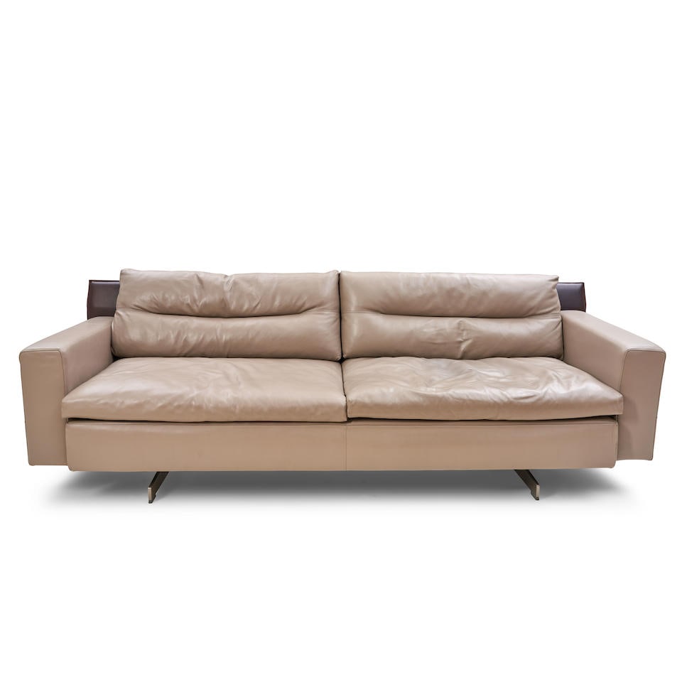 POLTRONA FRAU SOFA Italy, early 21st century, leather, aluminum, maker's mark woven in cloth scr...: POLTRONA FRAU SOFA Italy, early 21st century, leather, aluminum, maker's mark woven in cloth scrim, ht. 31, seat ht. 16 1/2, wd. 93 3/4, dp. 32 in. For further information on this lot please visit Bon