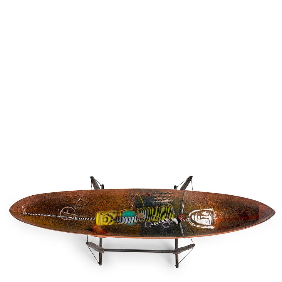 BERTIL VALLIEN (1938-2018) FOR KOSTA BODA BOAT SCULPTURE Sweden, c. 1990, cast and polished glas...: BERTIL VALLIEN (1938-2018) FOR KOSTA BODA BOAT SCULPTURE Sweden, c. 1990, cast and polished glass, iron and wire stand, incised artist's signature and '365870409 Kosta Boda,' boat ht. 3 1/4, lg. 19 1/
