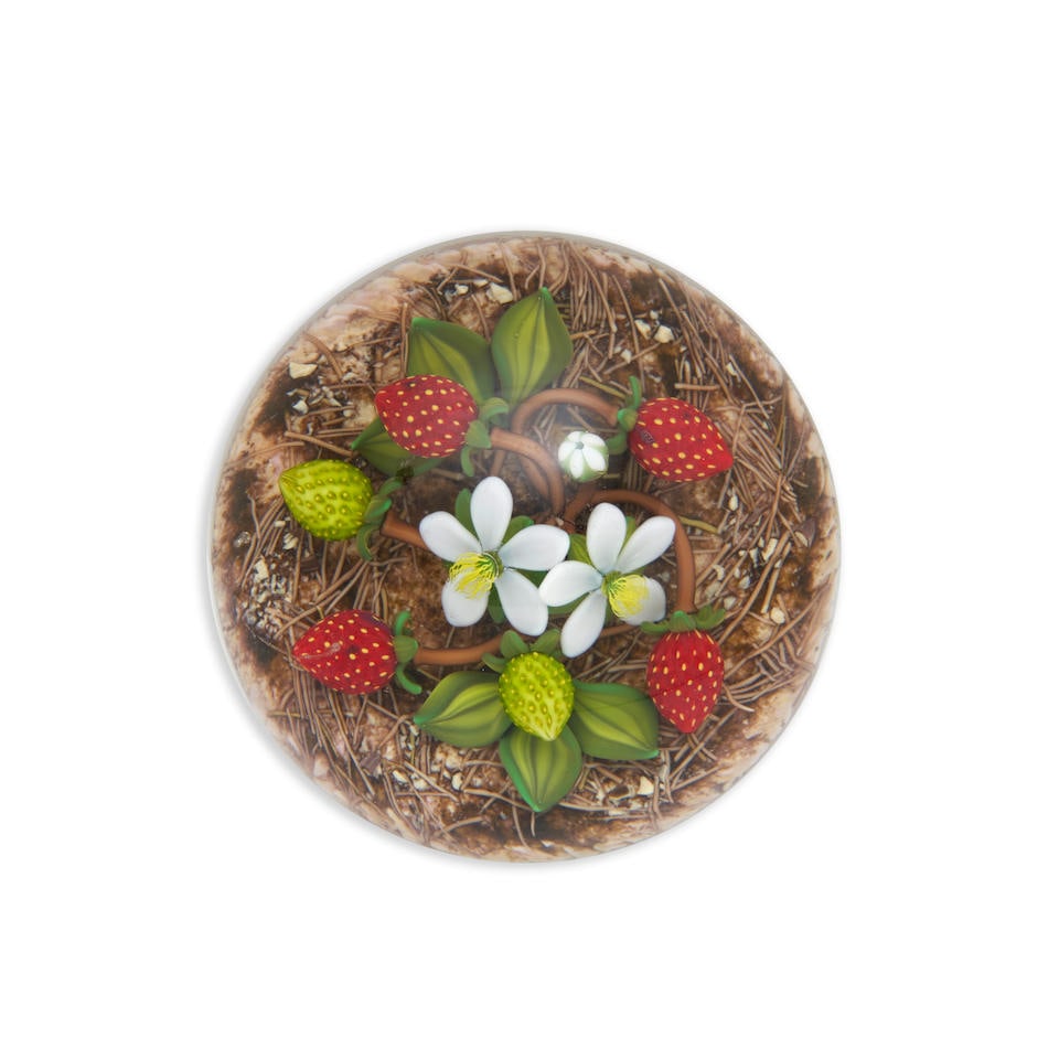 GORDON SMITH (B. 1959) PAPERWEIGHT WITH STRAWBERRIES ON A STRAW GROUND, United States, dated, si... (1 of 3)