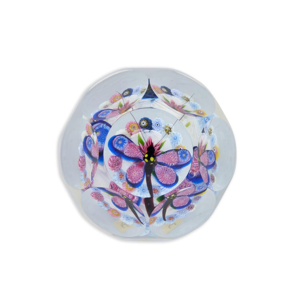 DEBBIE TARSITANO (B. 1955) FACETED PAPERWEIGHT WITH FLOWERS AND BUTTERFLY, United States, late 2... (1 of 2)